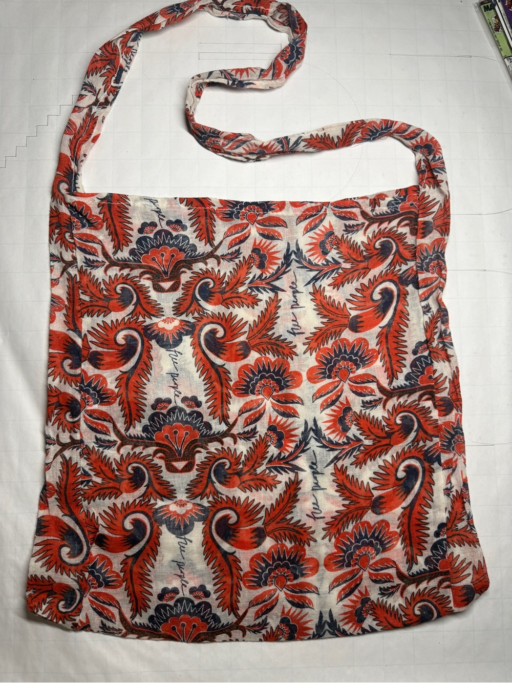Free People linen Floral Paisley Tote in Orange and Navy
